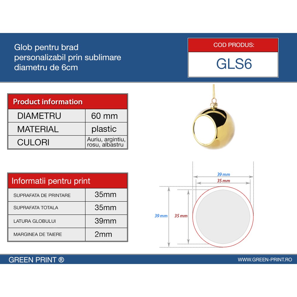 Glob sublimabil rosu pentru brad Ø 6cm