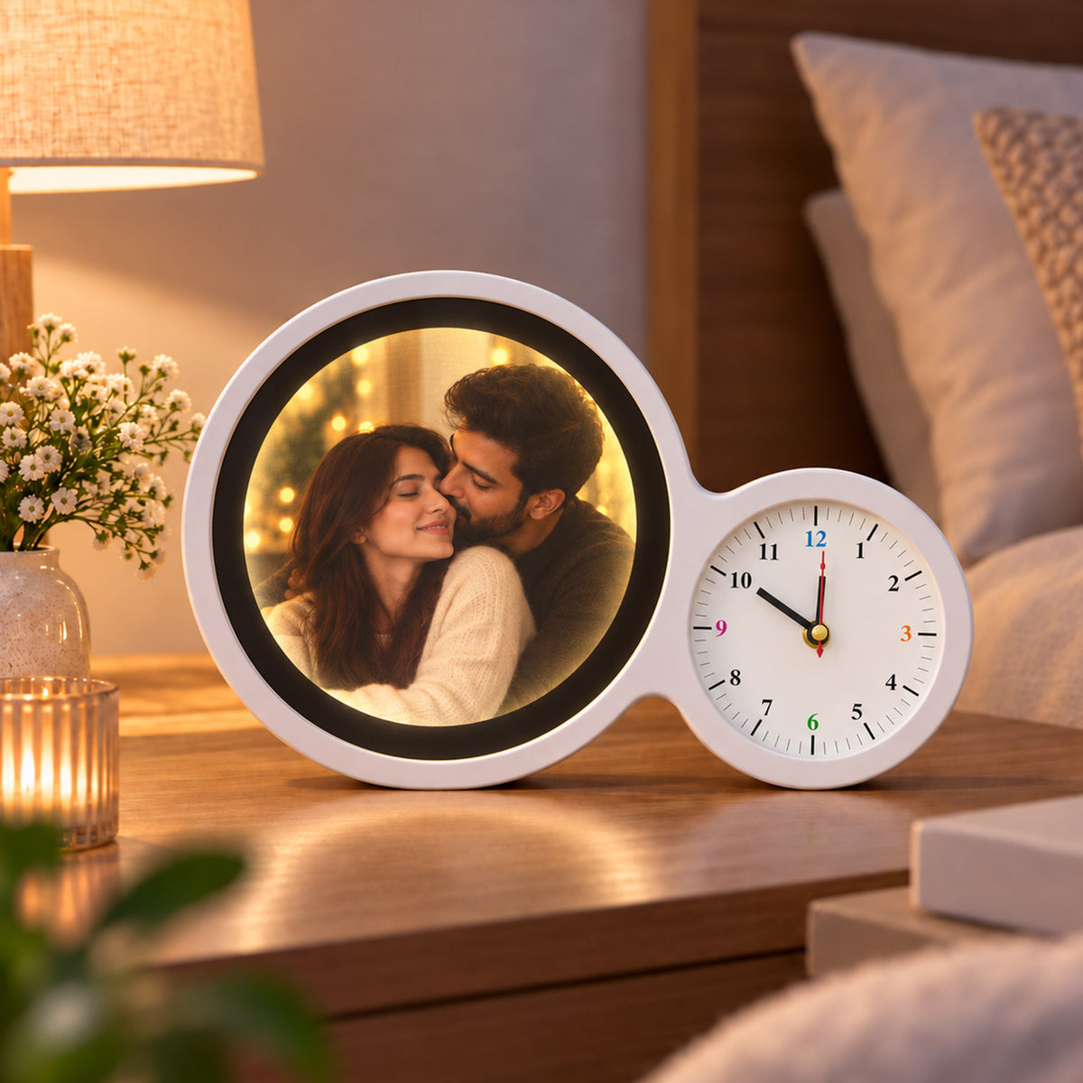 Oglinda magica cu ceas insertie foto si lumina LED - ROTUNDA