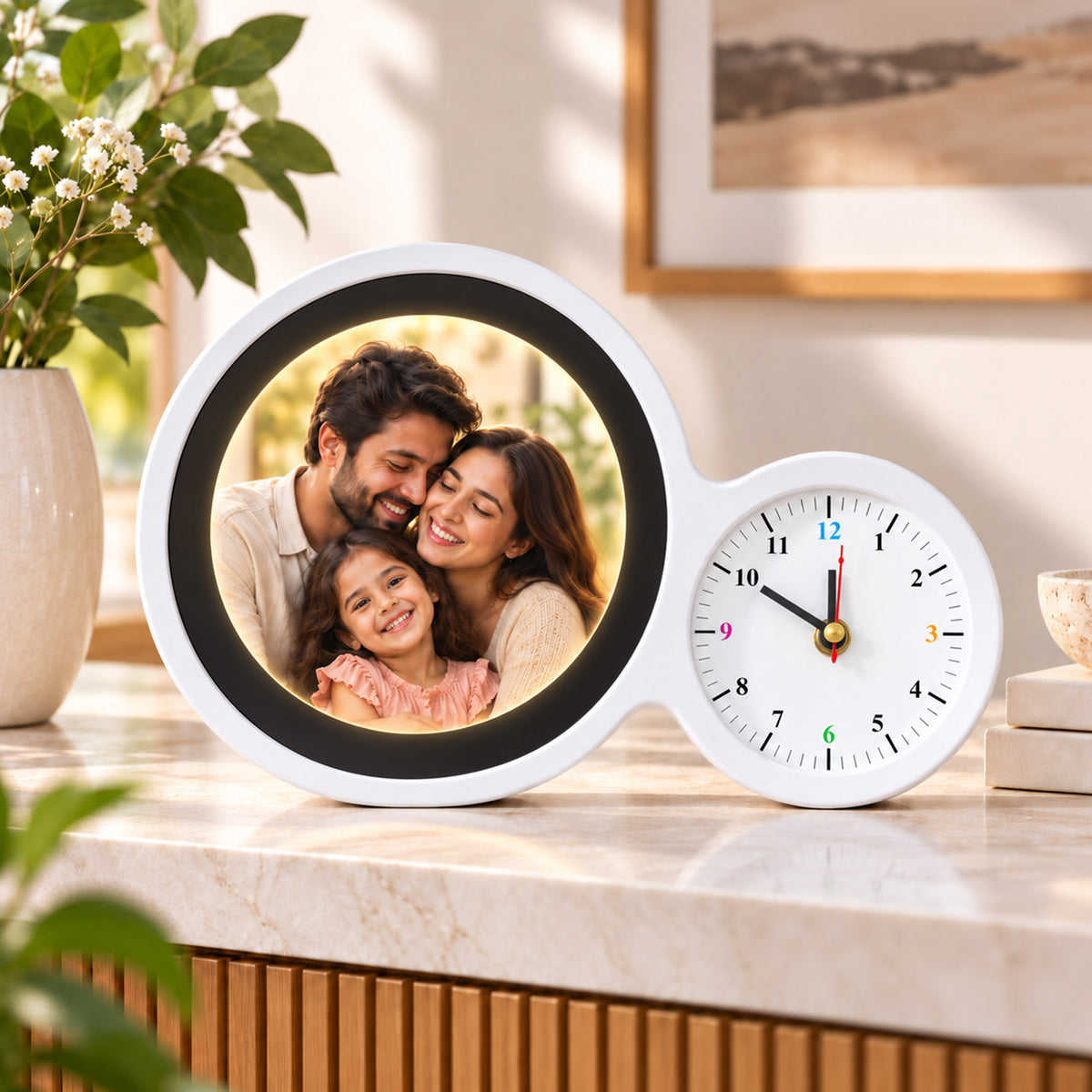 Oglinda magica cu ceas insertie foto si lumina LED - ROTUNDA