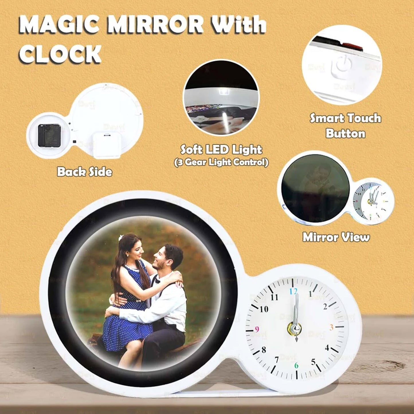 Oglinda magica cu ceas insertie foto si lumina LED - ROTUNDA