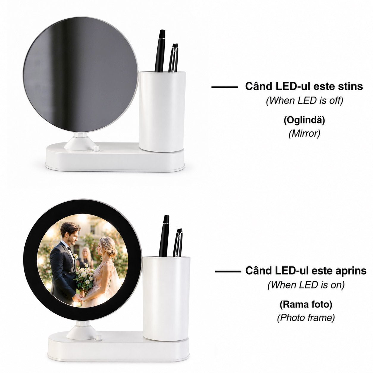 Oglinda magica cu insertie foto si lumina LED cu suport de pixuri