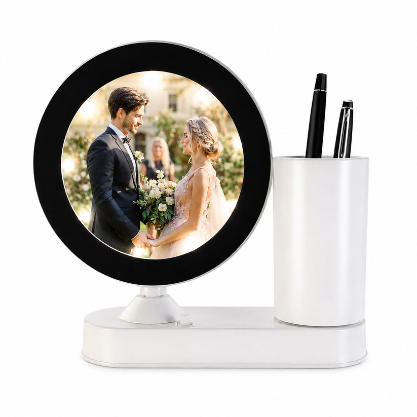 Oglinda magica cu insertie foto si lumina LED cu suport de pixuri - ROTUND