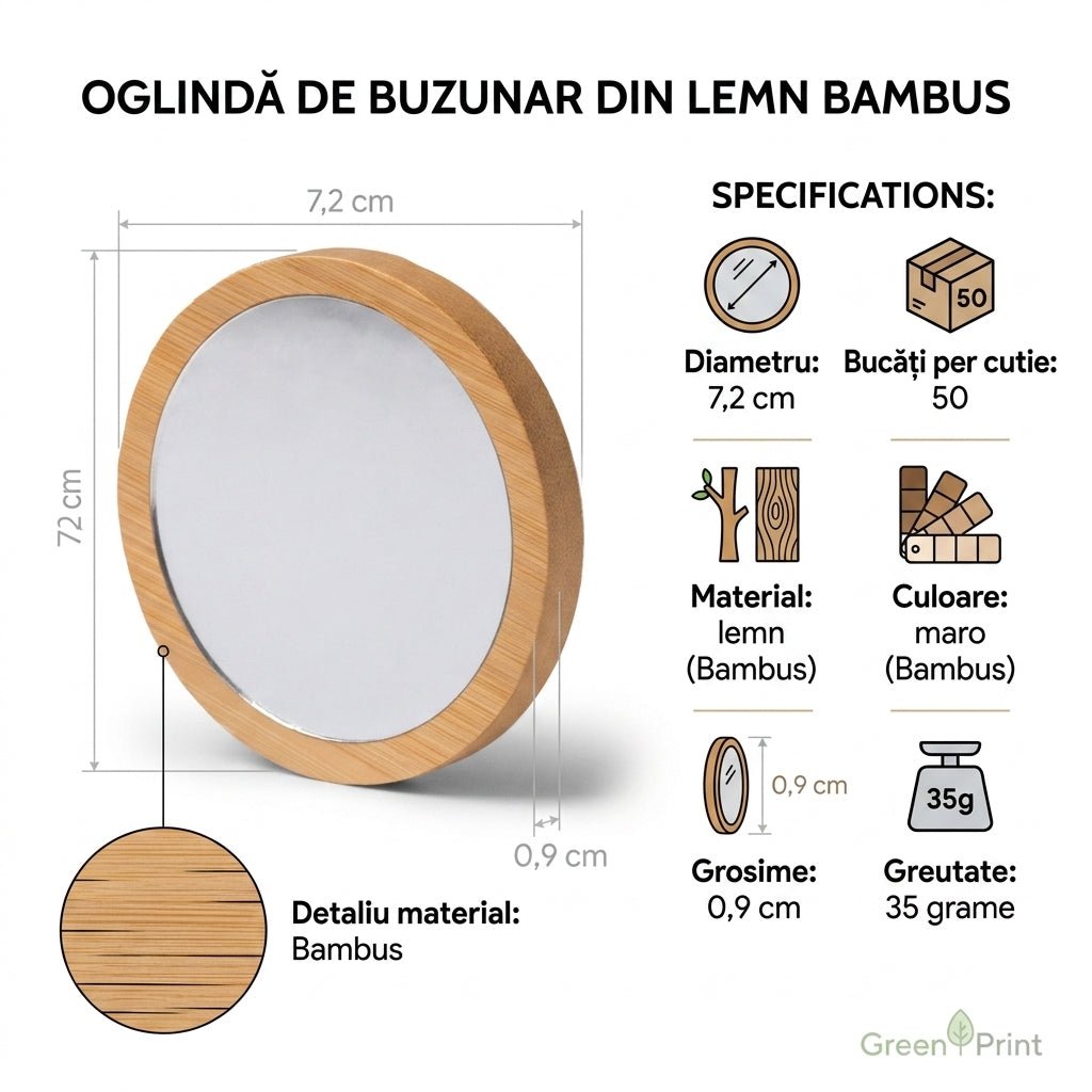 Oglinda de buzunar din lemn bambus ES1487S129 - Green Print
