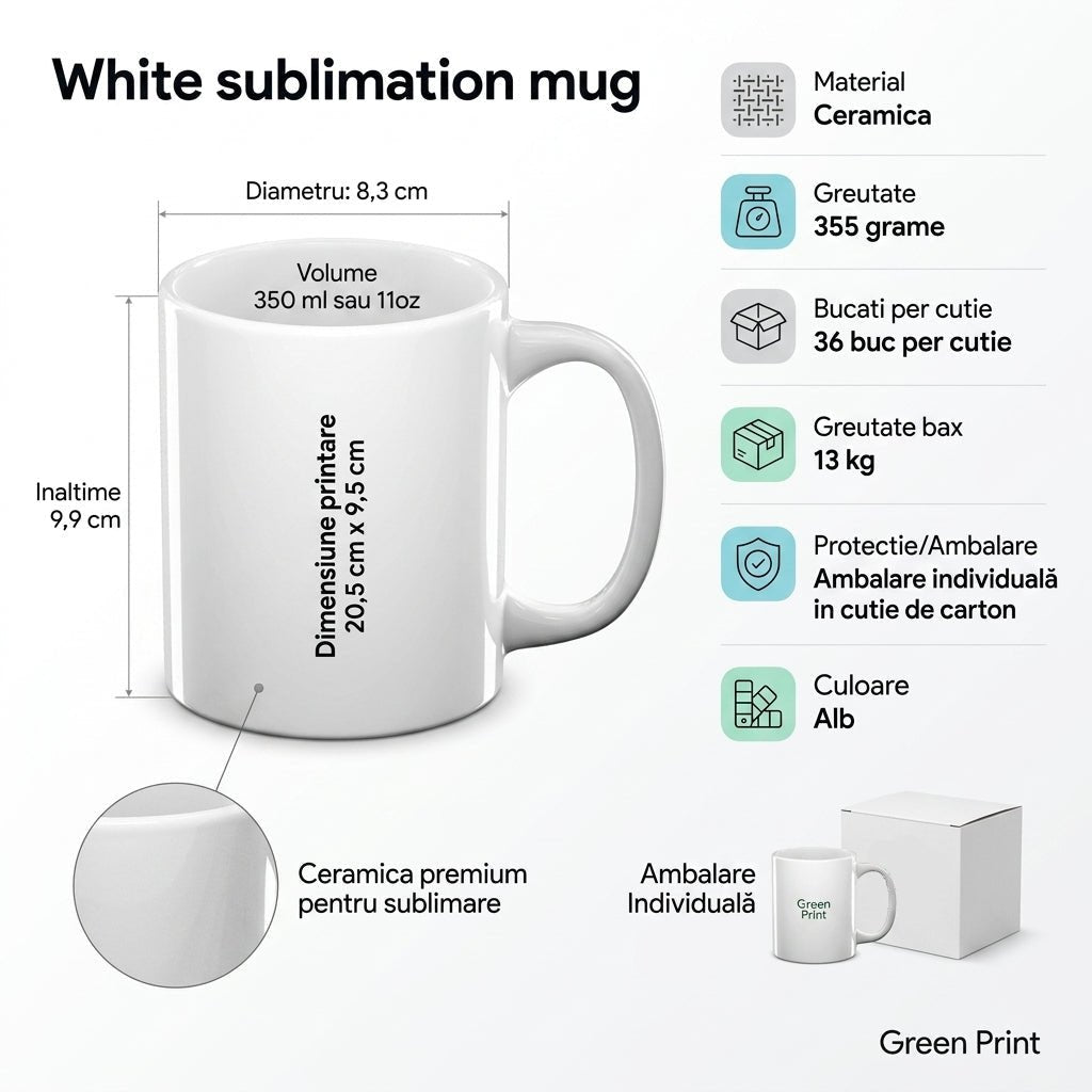 Cana alba sublimare + cutie individuala MD4000S101 - Green Print