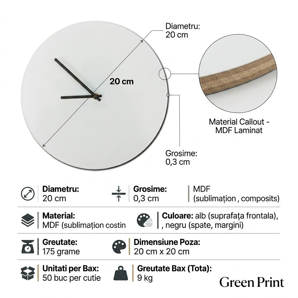 Ceas sublimare MDF 20 cm MDFC20 - Green Print